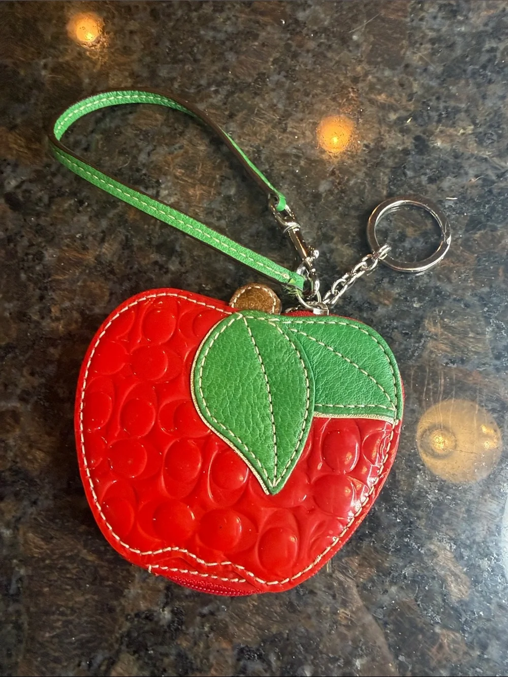 Rare Vintage Coach Red Patent Apple Wristlet Key & Card Holder with Green Leaf